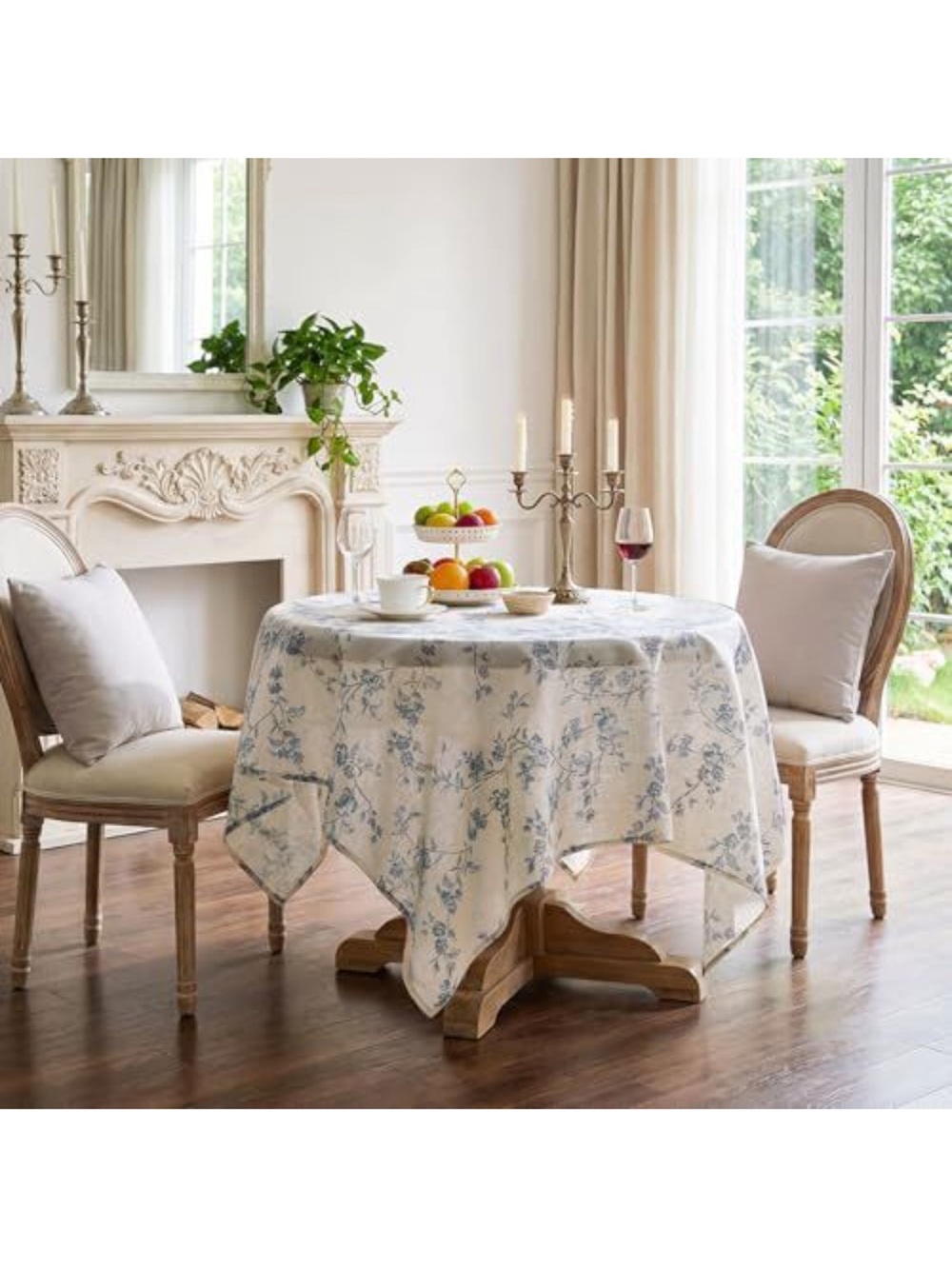 Classic Floral Round Tablecloth in Cream and Blue - Home Dining